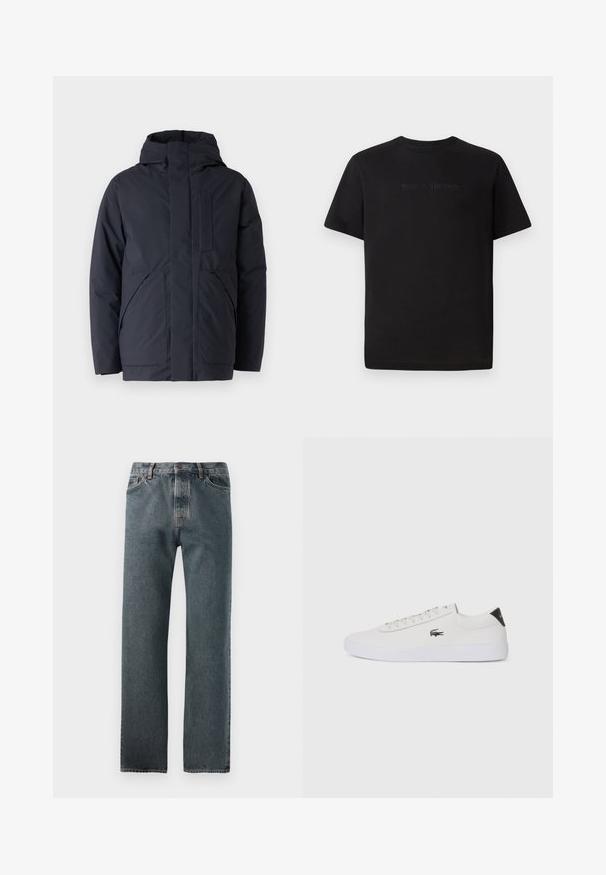Veste isolée navy avec un col haut, fermeture éclair discrète à l'avant et deux grandes poches avant. Texture lisse avec un design minimaliste.; Lacoste T-shirt basique - black; Jeans en denim de couleur foncée, présentant un design à jambe droite, des coutures discrètes et une fermeture à bouton avec une finition à cinq poches.; Baskets en cuir blanc avec bout rond, devant à lacets et accent en cuir noir au talon. Présente un petit logo de crocodile brodé sur le côté.