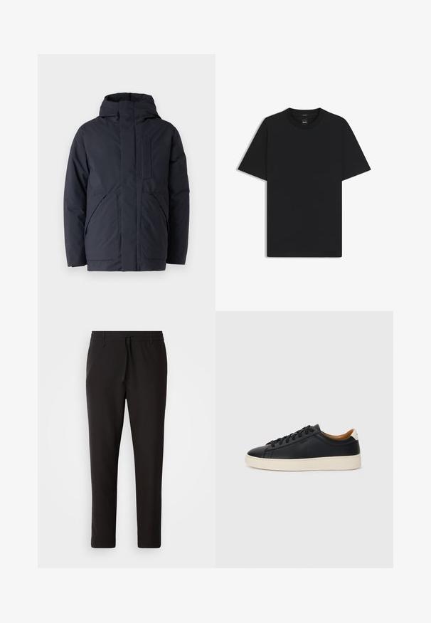 Marineblauwe gewatteerde jas met een hoge kraag, verborgen rits aan de voorkant en twee grote voorzakken. Glad oppervlak met een minimalistisch ontwerp.; Zwarte korte mouwen T-shirt van een gladde katoenmix, met een ronde halslijn en een minimalistisch ontwerp zonder patronen of accenten.; Zwarte joggingsbroek van gladde stof. Kenmerkt zich door een elastische tailleband met een trekkoord, taps toelopende benen en geen zichtbare zakken. Eenvoudig ontwerp.; Zwarte leren sneakers met een gladde textuur, beige rubberen zool, vetersluiting en een contrasterende hielaccent.
