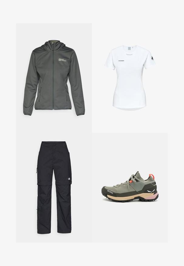 Gray softshell jacket with a hood, zippered front, and side pockets. Features a logo on the upper left and a slight elastic finish at the cuffs.; Short-sleeve white athletic shirt with a round neckline, featuring a logo on the chest and a smooth, lightweight fabric texture.; Black nylon zip-off cargo trousers with adjustable cuffs, multiple pockets, and a logo on the right leg. Smooth, lightweight texture.; Lightweight green hiking shoe with mesh and rubber materials, black traction outsole, pink and orange accents, and reinforced toe cap.