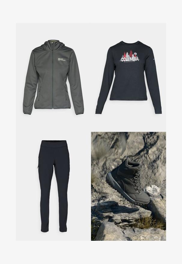 Grijze softshell jas met een capuchon, een rits aan de voorkant en zijzakken. Bevat een logo op de bovenste linkerzijde en een lichte elastische afwerking bij de manchetten.; Langsluitend donkergrijs shirt met lange mouwen, versierd met een grafisch ontwerp van rode bomen en bergen; het "COLUMBIA"-logo in vet witte tekst. Zacht materiaal, standaard ronde hals.; Zwarte sportbroek met een slim fit, elastische tailleband en een zijzak met rits. Glad, rekbaar materiaal met minimale naden.; Donkergrijze wandelschoen van synthetisch materiaal, met een gewatteerde schacht, metalen veterogen en een getextureerde rubberen zool voor grip.