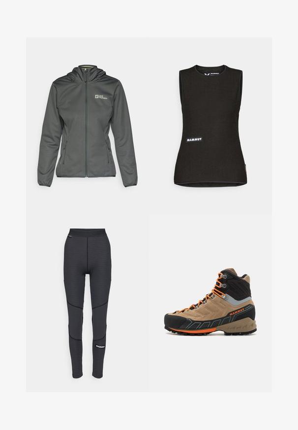 Giacca softshell grigia con cappuccio, zip frontale e tasche laterali. Presenta un logo sulla parte alta a sinistra e una leggera finitura elasticizzata sui polsini.; Canottiera nera senza maniche con un motivo texturizzato, caratterizzata da un colletto rotondo e un logo "MAMMUT" sul davanti. Realizzata in materiale traspirante.; Leggings sportivi neri con pannelli testurizzati e cuciture rinforzate, caratterizzati da un logo a marchio e un ampio elastico in vita.; Stivale da trekking alta in beige e nero con lacci arancioni, punta in gomma, tomaia testurizzata e suola robusta. Presenta supporto rinforzato per la caviglia.