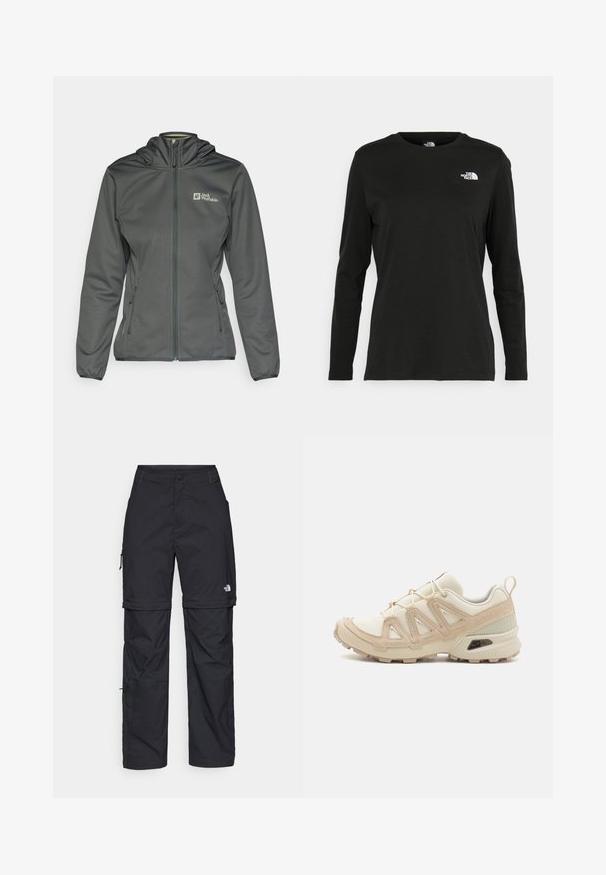 Graue Softshelljacke mit Kapuze, durchgehendem Reißverschluss und seitlichen Taschen. Mit einem Logo auf der oberen linken Seite und einem leichten elastischen Abschluss an den Bündchen.; Schwarzes Langarm-T-Shirt aus Baumwolle mit Rundhalsausschnitt. Verfügt über ein kleines weißes Logo auf der linken Brustseite. Einfaches Design und Passform.; Schwarze Nylon-Zip-Off-Cargohosen mit verstellbaren Bündchen, mehreren Taschen und einem Logo am rechten Bein. Glatte, leichte Textur.; Beige und cremefarbenen Sportschuh mit strukturiertem Mesh-Obermaterial, unterstützenden Überzügen und Gummisohle mit einem Profilmuster für Bodenhaftung.