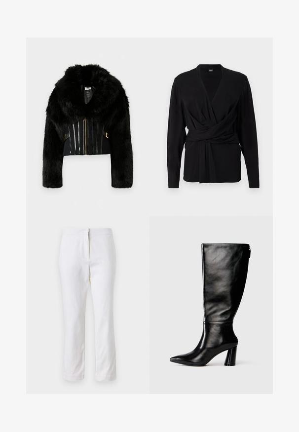 Melnas mākslīgās kažokādas apgriezts žakets ar platām apkaklēm, garām piedurknēm, priekšējo rāvējslēdzēju un dekoratīvām vertikālām svītrām uz torņa.; Melna blūze ar garām piedurknēm, kas izgatavota no mīksta auduma, ar v-veida apkakli un sasietu jostu, kas izceļ jostasvietu. Gluda tekstūra.; Baltas kokvilnas bikses ar taisnu kāju dizainu, ar vidēju augstumu un bez redzamām detaļām vai rakstiem. Visā virsmā ir gluda tekstūra.; Ceļgala augstumā melnas ādas zābaki ar saplacinātu purngalu, gludu tekstūru un masīlu papēdi. Aizmugurē ir rāvējslēdzēja detalizācija.