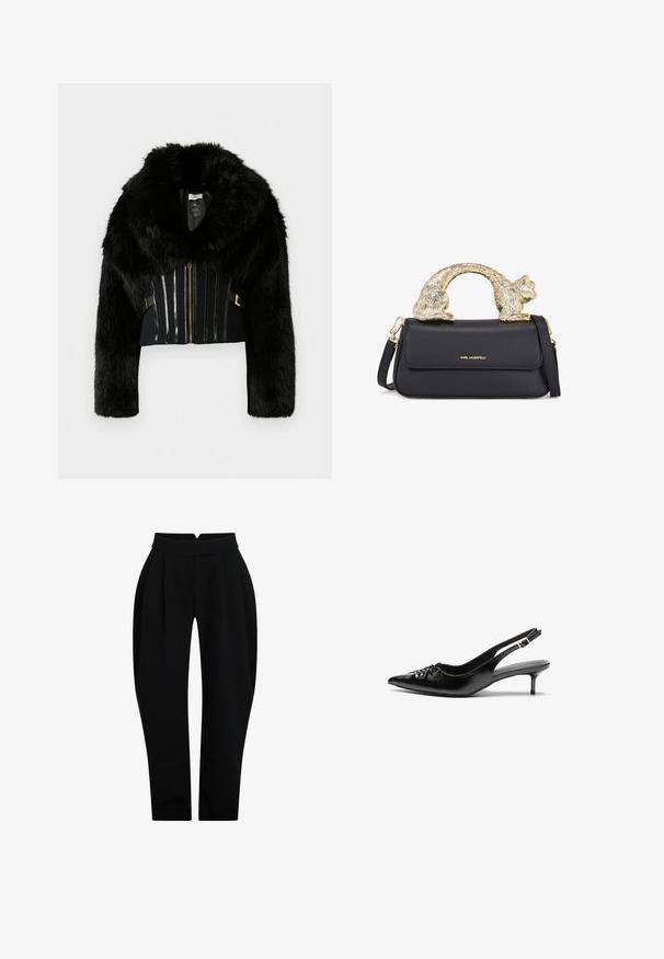 Jachetă croppată din blană artificială neagră, cu guler larg, mâneci lungi, fermoar în față și dungi verticale decorative pe torace.; Cămașă albă cu mânecă lungă, cu nasturi, confecționată dintr-un amestec de bumbac fin. Include o guler clasic, închidere frontală cu nasturi și manșete rotunjite.; Pantaloni negri, adaptați, cu talie înaltă, care prezintă pliuri frontale, o textură netedă și picioare conice pentru o siluetă ajustată.; Cizme slingback din piele neagră, cu vârf ascuțit, toc mic de tip kitten heel și un detaliu decorativ sub formă de nod în față. Textură netedă pe întreaga suprafață.; Geantă de piele neagră cu un mâner în formă de pisică aurie, având clapetă frontală, curea ajustabilă și detaliu cu logo în partea inferioară frontală.