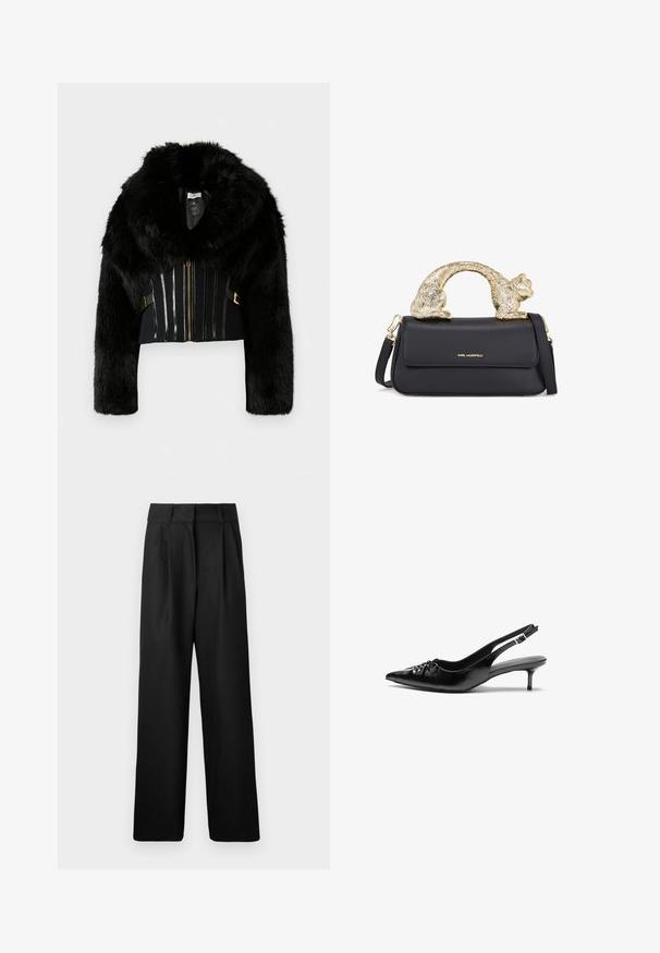 Černá zkrácená bunda z umělé kožešiny s širokým límcem, dlouhými rukávy, předním zipem a dekorativními vertikálními pruhy na trupu.; Bílá košile s dlouhým rukávem z hladké bavlněné směsi. Obsahuje klasický límec, přední zapínání na knoflíky a zaoblené manžety.; Černé široké kalhoty s hladkým povrchem, vybavené předními sklady a vysokým pasem. Vyrobeno z lehké látky.; Černé kožené lodičky na slingback s špičatou špičkou, malým podpatkem typu kitten a ozdobným uzlem na přední straně. Hladký povrch po celém obvodu.; Černá kožená kabelka se zlatým držadlem ve tvaru kočky, s předním klopovým uzávěrem, nastavitelným popruhem a detailem loga na dolní přední straně.