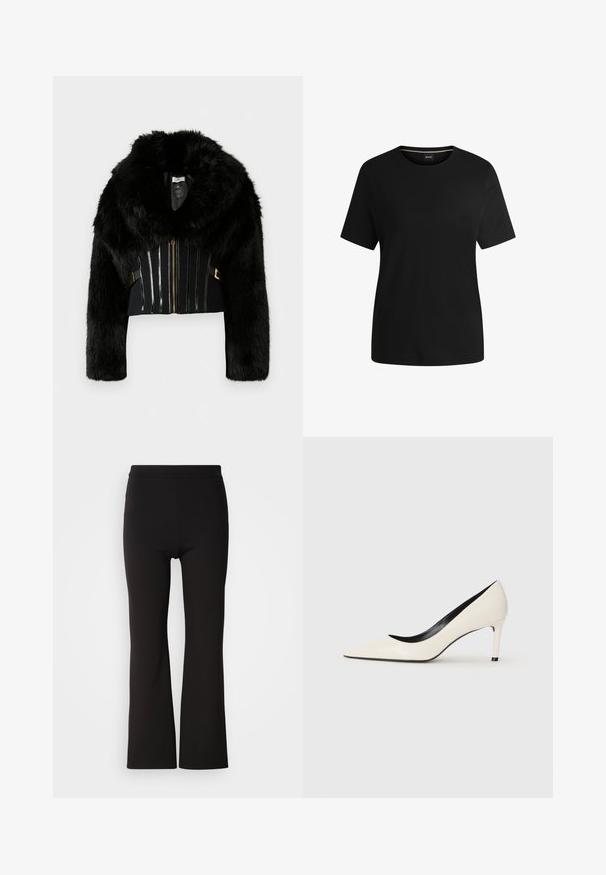 Μαύρο ψεύτικο γούνινο cropped μπουφάν με φαρδύ γιακά, μακριά μανίκια, μπροστινό φερμουάρ και διακοσμητικές κατακόρυφες ρίγες στο κορμό.; Μαύρο κοντομάνικο μπλουζάκι από απαλό βαμβάκι, με στρογγυλή λαιμόκοψη και ομαλή υφή. Απλός σχεδιασμός χωρίς μοτίβα ή διακοσμητικά.; Μαύρο φάρδος παντελόνι από μαλακό, ελαστικό ύφασμα. Ψηλή μέση, εφαρμοστό στο ύψος των γοφών, και φαρδύ από τα γόνατα και κάτω.; Λευκό παπιέ δέρμα ψηλοτάκουνο παπούτσι με μυτερή μύτη, λεπτό τακούνι και μαύρες λεπτομέρειες στην εσωτερική του πλευρά. Λείο υλικό και κομψός σχεδιασμός.