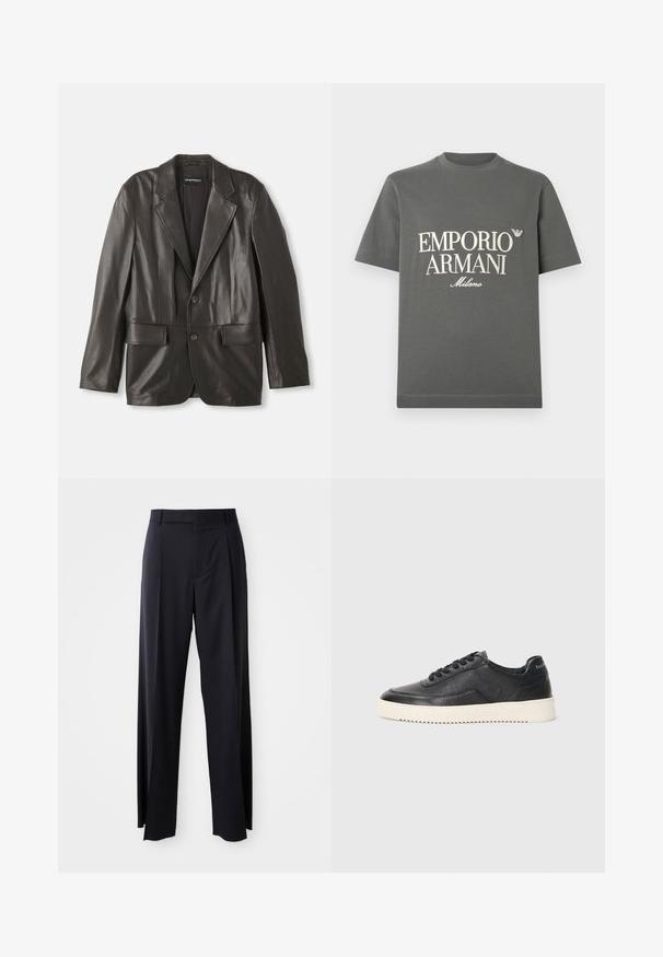 Crni kožni sako s uskim reverima, dva dugmeta i džepovima s preklopom, položen ravno na bijeloj pozadini.; Siva pamučna majica kratkih rukava s okruglim izrezom, s bijelim blok tekstom i logotipom na prsima. Glatka tekstura, jednostavan dizajn.; Crne, hlače visokog struka s širokim nogavicama, izrađene od glatkog materijala. Sadrže prednje nabore i petlje za remen. Minimalistički dizajn, bez vidljivih metalnih dijelova.; Crne kožne tenisice s teksturiranim završetkom, okruglim vrhom i ravnim bijelim gumenom potplatom. Karakteriziraju ih crne vezice i branding na peti.