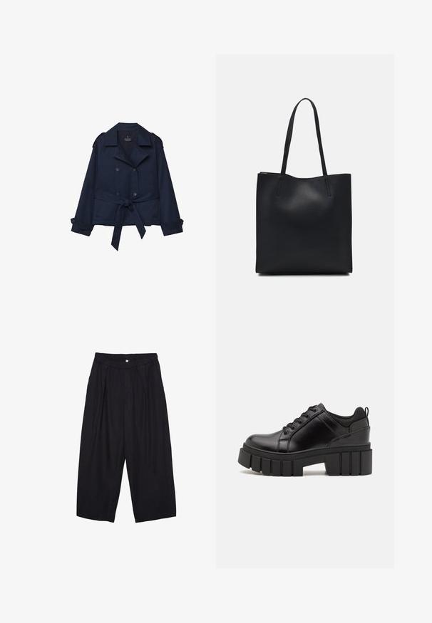 Trench-coat bleu marine avec boutons double-breasted, épaulettes et taille cintrée. Fabriqué en tissu lisse avec des détails aux poignets.; Pull en maille bleu marine, texture douce, encolure ronde, épaules tombantes, longueur raccourcie, bords côtelés aux poignets et à l'ourlet.; Pantalon culotte noir en polyester avec une taille élastique, deux plis avant et une silhouette ample. Pas de motifs visibles ni de détails matériels.; Chaussures à plateforme en cuir noir avec un talon bloc épais, bout rond et un design traditionnel à lacets. Elles présentent une texture lisse et un détail minimal.; Sac fourre-tout en cuir noir avec une texture lisse, de forme rectangulaire et deux longues poignées. Pas de matériel ou d'ornementations visibles.