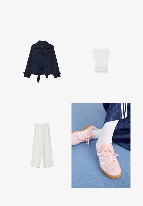 Marineblauer Trenchcoat mit doppelreihigen Knöpfen, Schulterepauletten und gebundenem Taillengürtel. Aus glattem Stoff mit Manschettendetails gefertigt.; Weißes Kurzarmoberteil mit Rundhalsausschnitt. Verfügt über geraffte Textur an den Seiten und eine figurbetonte Silhouette, gefertigt aus weichem, dehnbarem Material.; Weiße weit geschnittene Hose aus leichtem Stoff. Mit einem elastischen Bund und Kordelzug sowie Seitentaschen. Glatte Textur.; Hellrosa Wildleder-Sneaker mit weißen Streifen und Schnürsenkeln, ausgestattet mit einer strukturierten Zunge und einer Gummisohle, auf einem blauen Teppich platziert.