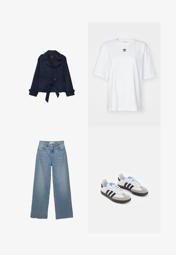 Marinblå trenchcoat med dubbelknäppta knappar, axelklaffar och knytning i midjan. Tillverkad av ett fint tyg med detaljer vid ärmsluten.; Vit kortärmad T-shirt i bomull. Har rund halsringning och en liten svart Adidas-logotyp på bröstet. Rakt skuren fåll.; Ljusblå vida jeans i denim. Utrustade med hög midja, fem fickor och rak passform med minimal blekning.; Sportskor med överdel i vit läder, grå mocka på tårna och tre svarta ränder. Har en blå logotyp på tungan och en texturerad gummisula.