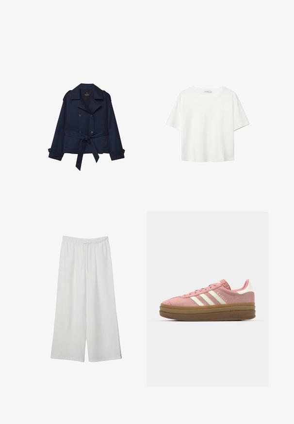 Tummansininen trenssitakki, jossa on kaksiriviset napit, olkatoppaukset ja sidottava vyötärö. Valmistettu sileästä kankaasta, jossa on hihansuut yksityiskohdat.; Valkoinen lyhythihainen T-paita, joka on tehty puuvillasta. Siinä on pyöreä kaula-aukko ja rento malli. Silkkinen pinta ilman näkyviä kuvioita tai koristeita.; Valkoiset leveälahkeiset housut, jotka on valmistettu kevyestä kankaasta. Niissä on joustava vyötärö ja nauha säädettävää istuvuutta varten. Sileä pinta.; adidas Originals GAZELLE BOLD - Matalavartiset tennarit - mauve/off white