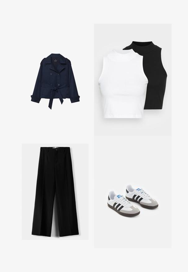 Marineblauer Trenchcoat mit doppelreihigen Knöpfen, Schulterepauletten und gebundenem Taillengürtel. Aus glattem Stoff mit Manschettendetails gefertigt.; Zwei ärmellose, gerippte Rollkragenoberteile in Schwarz und Weiß, mit einer figurbetonten Passform und glatter Textur sowie einer cropped Länge.; Schwarze weite Hosen aus leichtem Stoff, mit einem Knopfverschluss vorne und flachem Bund, mit sorgfältig genähten Säumen.; Sportschuhe mit einem Obermaterial aus weißem Leder, grauer Wildleder-Zehenkappe und drei schwarzen Streifen. Sie verfügen über ein blaues Logo auf der Zunge und eine strukturierte Gummisohle.