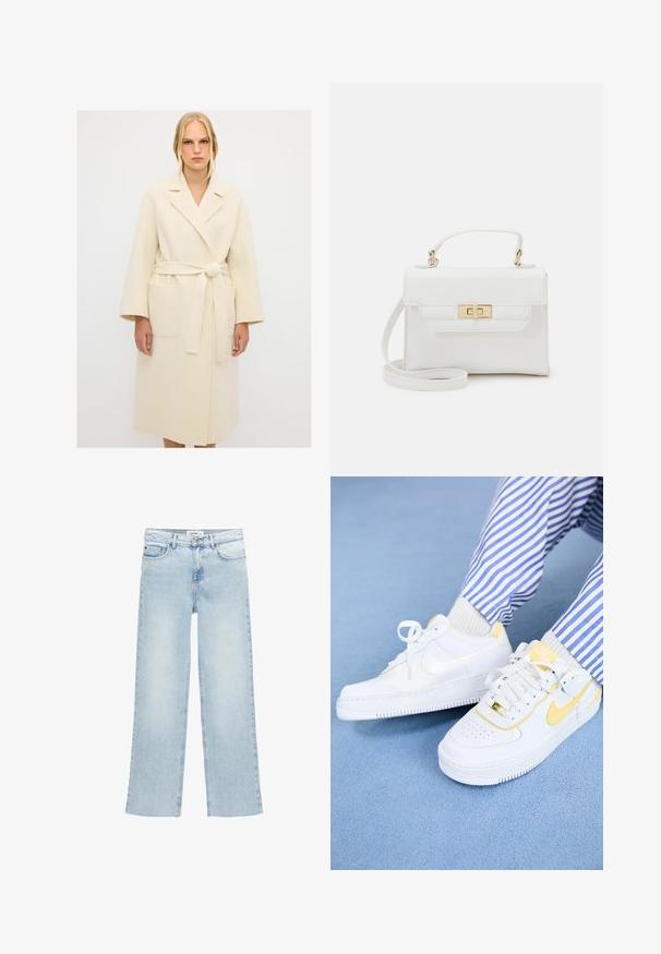 Beige uldfrakke med bælte i taljen, notched krave, brede ærmer og to store frontlommer. Glat tekstur og knælang design.; Cremefarvet sweatshirt lavet af blødt stof, med rund halsudskæring, sænkede skuldre og ribbede manchetter. Ingen mønstre eller bemærkelsesværdigt hardware.; Lys blå wide-leg jeans lavet af denim med høj talje, fem lommer og knap-pant. Har minimal syning.; Hvide Nike Air Force 1 sneakers med gule accenter og perforeret tåboks, parret med stribede blå og hvide bukser. Tekstureret blå baggrund.; Call it Spring BULLETPROOFF - Håndtasker - white synthetic smooth