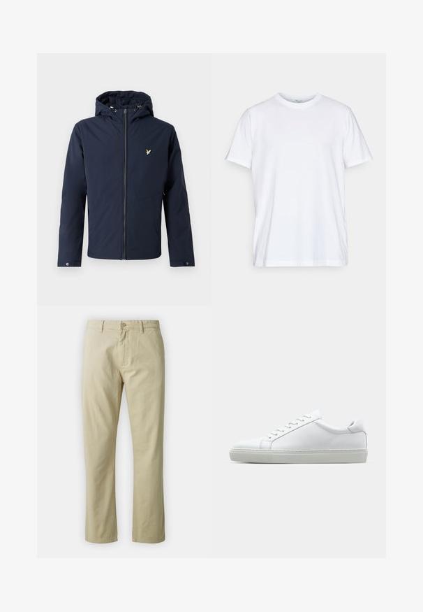 Marineblå hættejakke med lynlås foran og lille fuglelogo på brystet, med justerbare manchetter og snoretræk i hætten.; Hvid bomulds t-shirt med korte ærmer, rund crew halsudskæring og afslappet pasform. Har et minimalistisk design uden mønstre eller accenter.; Beige bomuldsbukser med lige ben-design, frontlukning med knap og bæltestropper. Glat tekstur, ingen synlige mønstre eller accenter.; Hvide sneakers med en glat læderoverdel og lav profil. Har en rund tå, seks snørehuller og en tekstureret gummisål.