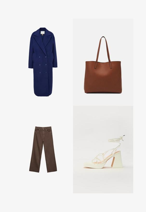 Námořnický modrý vlněný kabát s dvouřadým zapínáním, velkými klopami, bočními kapsami a rovnou siluetou, zdobený látkovými knoflíky.; Hnědé tričko s krátkým rukávem vyrobené z měkké látky, s kulatým výstřihem a volným střihem. Bez viditelných vzorů nebo dekorací.; Hnědé džíny s širokými nohavicemi vyrobené z denimu, s vysokým pasem, předními kapsami a klasickým zapínáním na knoflík. Hladká textura s jemným švem.; Bílé sandály na vysokém podpatku s robustním podpatkem, s designem s pásky a zavazováním kolem kotníku. Hladký povrch s platformou vpředu pro zvýšení výšky.; Hnědá kožená taška přes rameno s hladkou texturou, otevřeným designem a dvěma ramenními popruhy. Obsahuje minimální švy a žádné viditelné kovové prvky.