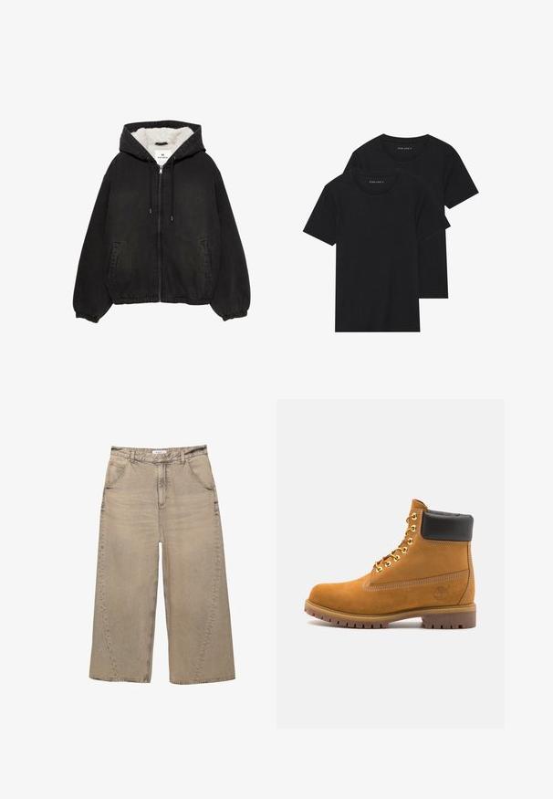 Czarna bluza z kapturem na zamek, z elastycznymi mankietami i dołem, dwoma przednimi kieszeniami, regulowanym kapturem ze sznurkiem oraz białym futerkiem wewnątrz kaptura.; Dwie czarne bawełniane koszulki z krótkimi rękawami, okrągłymi dekoltami i gładką fakturą, wyeksponowane ułożone jedna na drugiej.; PULL&BEAR - Jeansy baggy; Beżowe zamszowe botki sięgające kostki z czarną wyściełaną krawędzią, złotymi oczkami, białymi detalami szycia oraz wytrzymałą gumową podeszwą z wyraźnym bieżnikiem.