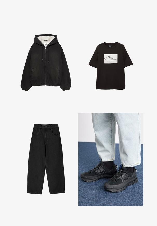 Crna zip-up dukserica s elastičnim manžetama i porubom, dva prednja džepa, kapuljača s podešavanjem uzicom i bijelim flisom unutra kapuljače.; Crna pamučna majica kratkih rukava, sadrži bijeli pravokutni grafički prikaz muhe na tankoj liniji, minimalno brendiranje ispod slike.; Crne traperice širokih nogavica s visokim strukom, sadrže pet džepova, zatvarač i metalnu dugmad. Glatka tekstura, minimalno detaljisanje.; Crne atletske cipele s teksturiranom tkaninom i gumene potplate, s elastičnim vezicama i plavim akcentom na peti. Nosene su s svijetlim trapericama.