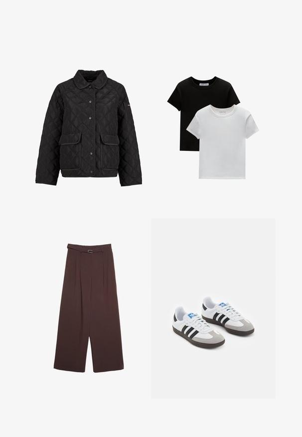 aim’n® QUILTED FEMME - Lahka jakna - black; Dve majice s okruglim izrezom, crne in bele barve, narejene iz bombaža. Imajo kratke rokave in enobarven dizajn brez vzorcev ali dodatkov.; Stradivarius WIDE-LEG WITH BUCKLE DETAIL - Hlače - dark brown; Športni čevlji z belim usnjenim zgornjim delom, sivim semišem na prstih in tremi črnimi črtami. Imajo modro logo na jeziku in teksturiran gumijast podplat.