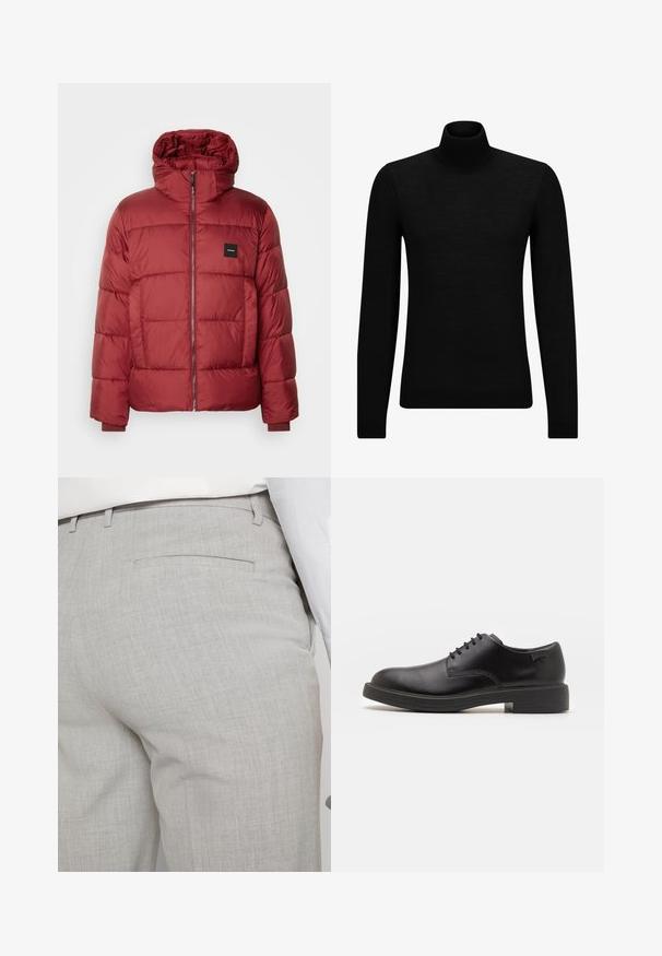 Piros puffamellény kapucnival, elől cipzárral, rugalmas mandzsettákkal és négyzet alakú logóval a bal mellen. Sima, steppelt textúra.; Fekete garbó pulóver puha anyagból, hosszú ujjakkal és szoros fazonnal. Ribbed díszítés az alján és az ujjak végén. Egyszerű dizájn.; Világosszürke, texturált anyagból készült szabott nadrág, egyetlen hátsó zsebbel és tiszta varrással.; Fekete bőrcipő, kerek orrú, sima felületű, minimális varrással és alacsony gumitalppal. Logó a sarokrészen.