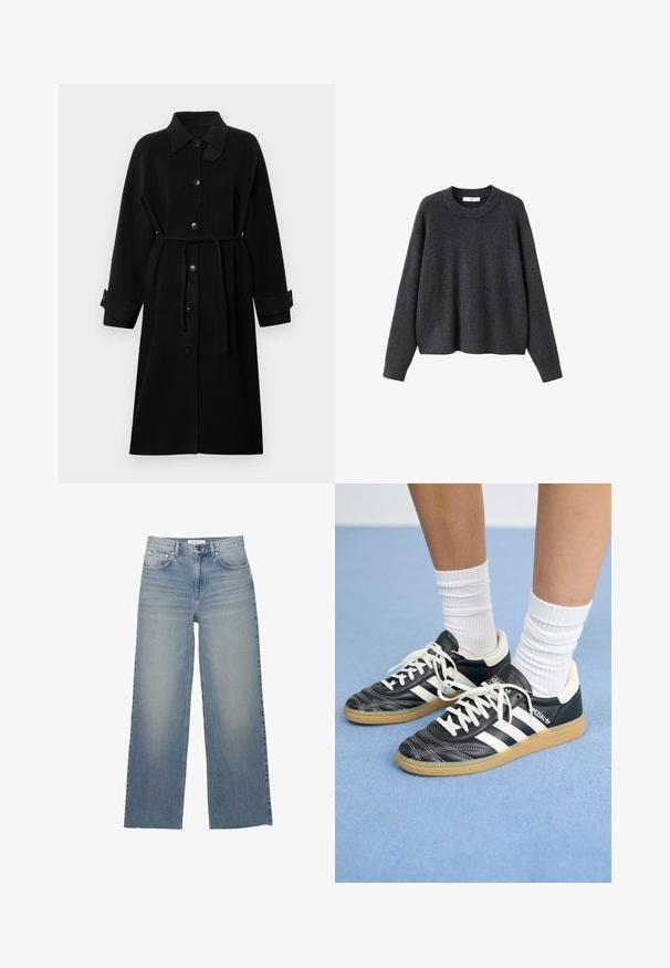 Palton negru cu guler, închidere frontală cu nasturi, talie accesorizată cu o curea, mâneci lungi și manșete răsucite, realizat dintr-un material texturat.; Pulover tricotat gri închis cu guler rotund, mâneci lungi și tiv cu nervuri. Materialul pare moale și texturat, având o croială lejeră.; Jeans de blugi de culoare albastru deschis, cu picioare largi, realizate din denim, având talie înaltă, buzunare frontale și închidere cu nasture. Textură netedă cu zone estompate.; Adidași din piele neagră cu dungi albe, vârful rotund, șireturi albe și talpă din cauciuc natural. Accentuați de un guler căptușit și detalii de brand.