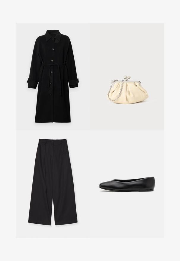 Černý kabát s límcem, zapínání na knoflíky vpředu, páskem v pase, dlouhými rukávy a ohrnutými manžetami, vyrobený z texturované látky.; Žlutý pletený polo svetr s límečkem, má tři tmavé knoflíky, žebrovaný lem a dlouhé rukávy, vyrobený z měkké látky.; Černé kalhoty s širokými nohavicemi vyrobené z hladké tkaniny, s vysokým pasem, předními sklady, zapínáním na knoflík a rovnou siluetou.; Paul Smith TOPANGA - Klasické baleríny - black; Plisovaná béžová kožená kabelka na psaní s rámem ze stříbrného kovu, vybavená dvěma kulatými dekorativními uzávěry a stříbrným řetízkem.