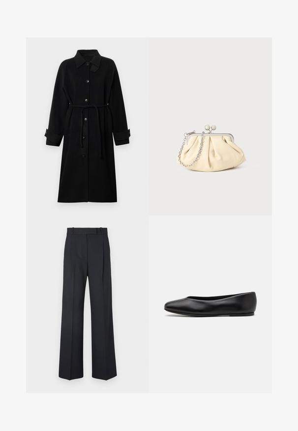 Mustat takki, jossa on kaulus, napitettava etukiinnitys, vyövyö, pitkät hihat ja käännetyt hihansuut, valmistettu strukturoidusta kankaasta.; Keltainen neulottu polo pusero, jossa on kaulus, kolme tumman väristä nappia, ribbireunus ja pitkät hihat, valmistettu pehmeästä kankaasta.; Tummansiniset raidalliset housut, joissa on korkea vyötärö, leveät lahkeet ja ei näkyviä metalliosia tai koristeita. Sileä pinta ja räätälöity istuvuus.; Paul Smith TOPANGA - Ballerinat - black; Beige nahkaista kassi, jossa on laskostus ja hopeinen metallirunko, kaksi pyöreää koristeellista solkea sekä hopeaketjuolkayh.