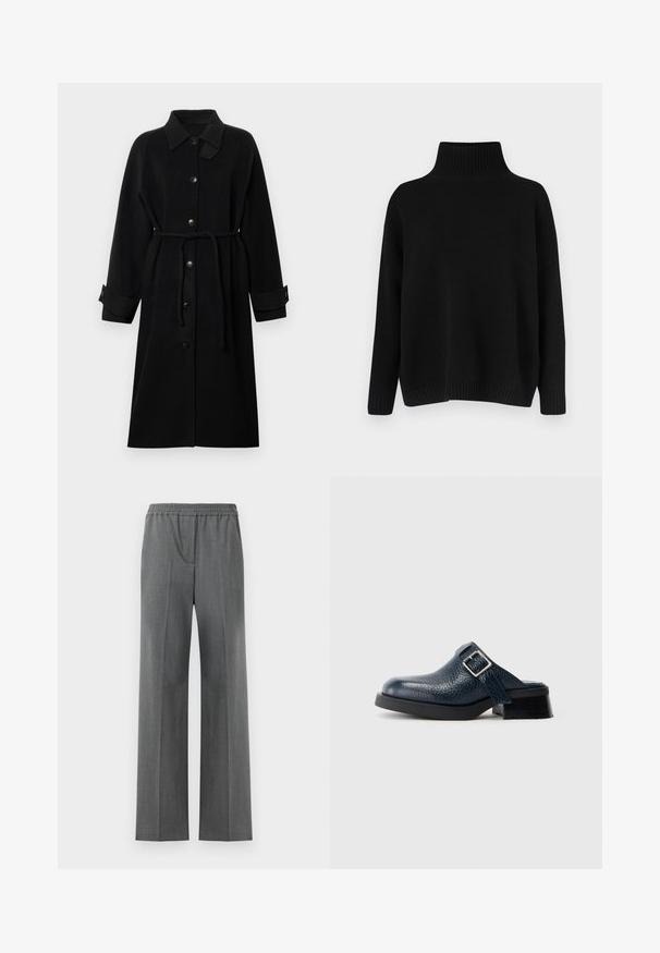 Fekete kabát gallérral, gombos elülső záródással, övvel a deréknál, hosszú ujjal és felgöngyölt mandzsettával, textúrált anyagból készült.; Fekete kötött pulóver magas bordázott gallérral, alacsony vállvonallal és laza szabással. Bordázott mandzsettákkal és szegéllyel rendelkezik a textúra érdekében.; Szürke, széles lábú nadrág, rugalmas derékrésszel, texturált anyagból, finom szövésmintával.; Tengerészkék bőr clogs, textúrált felülettel, oldalszíjjal és ezüst csattal, alacsony fekete sarokkal és strapabíró talppal.