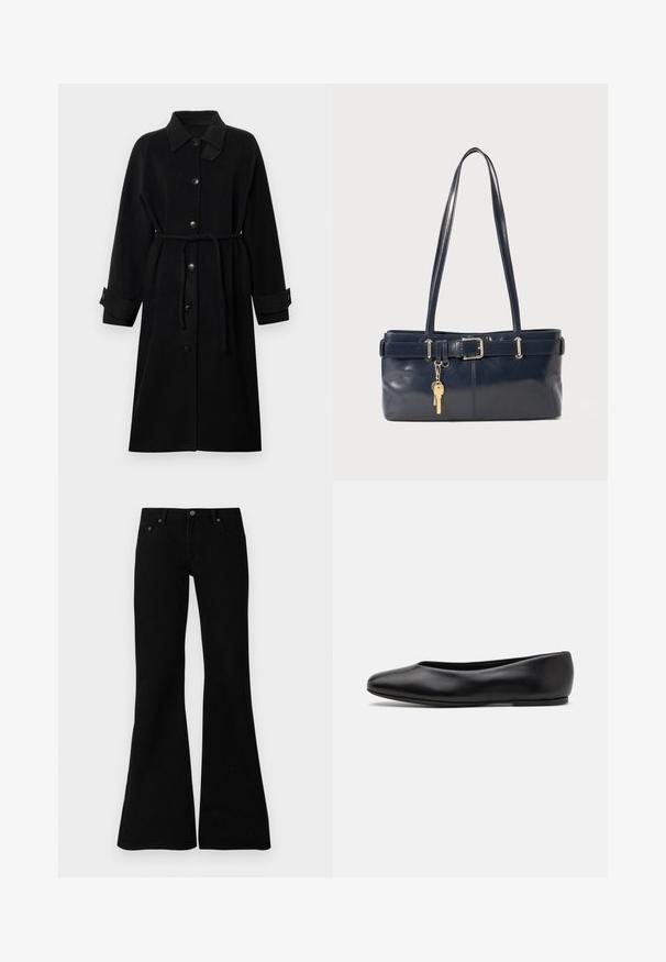 Zwarte jas met een kraag, knoopsluiting aan de voorkant, ceintuur in de taille, lange mouwen en opgerolde manchetten, gemaakt van een gestructureerde stof.; Zwarte langärmelige turtleneck top van soepel stof, met een gerimpelde hals en een aansluitende silhouet met eenvoudige randen.; Zwarte flare jeans van denim, met een klassiek vijf-pocket ontwerp, knoopsluiting en subtiele stiksels langs de naden.; Paul Smith TOPANGA - Ballerina's - black; Marine leren handtas met twee lange hengsels, een gespdetail en een sleutelhanger eraan bevestigd. Heeft een gladde textuur en een rechthoekige vorm.