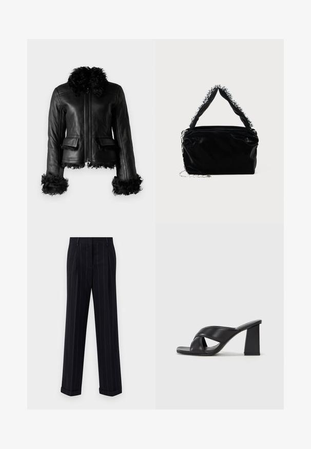REMAIN JACKET - Leather jacket - black; Dark navy sweater with a round neckline, long raglan sleeves, ribbed cuffs, and a straight hem. Made from a soft, textured knit material.; Black pinstriped trousers with a tailored fit, featuring a cuffed hem and front pleats. Made of smooth fabric with a structured design.; MAX&Co. SOHO - High heeled sandals - schwarz; Black faux leather handbag with a textured finish, featuring a beaded silver accent along the top handle and a chain strap.