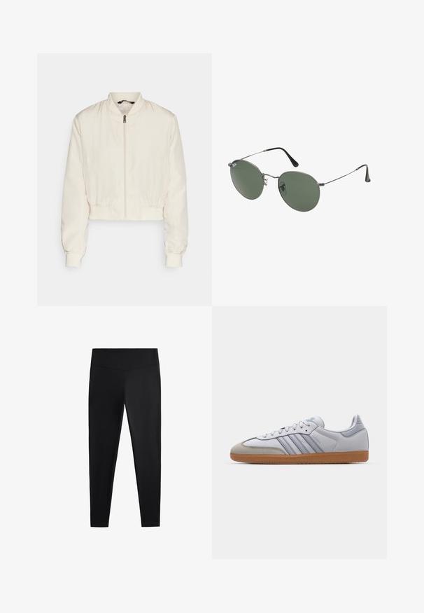 Kratká bomber bunda v svetlej krémovej farbe, s okrúhlym výstrihom, predným zipsom a elastickými manžetami a spodným lemom. Hladká, lesklá textúra.; Dve bezrukávové topy v čiernej a bielej farbe, vyrobené z rebrovanej bavlny, s okrúhlym výstrihom a priliehavým strihom. Viditeľné štítky na oboch.; Čierne legíny vyrobené z hladkej, elastickej tkaniny. Majú široký pás a zoštíhlený strih nohavíc, vhodné na aktívne alebo príležitostné nosenie.; Biele kožené tenisky s svetlomodrými akcentmi, sivým semišovým špičkou a hnedou gumovou podrážkou. Obsahujú tri modré pruhy a branding "Samba".; Sunglass s metalovým rámom s oválnymi zelenými šošovkami. Tenký strieborný kovový rám a čierne štuple za uši. Minimalistický dizajn, bez viditeľných log.