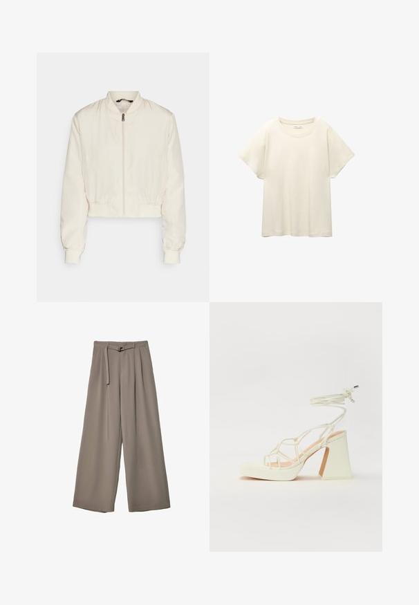 Giacca bomber cropped in crema chiaro, con scollatura rotonda, zip frontale e polsini ed orlo elasticizzati. Texture liscia e lucida.; Maglietta a maniche corte beige chiaro con scollatura rotonda, realizzata in un tessuto morbido e liscio. Presenta una vestibilità comoda e un orlo dritto.; Pantaloni a gamba larga in un morbido tessuto grigio tenue, con vita con cintura e pieghe per un tocco di design aggiuntivo. Texture liscia, senza motivi.; Sandalo bianco con tacco alto, caratterizzato da un design a cinturini e un legaccio alla caviglia. Texture liscia con una piattaforma frontale per un'altezza aggiuntiva.