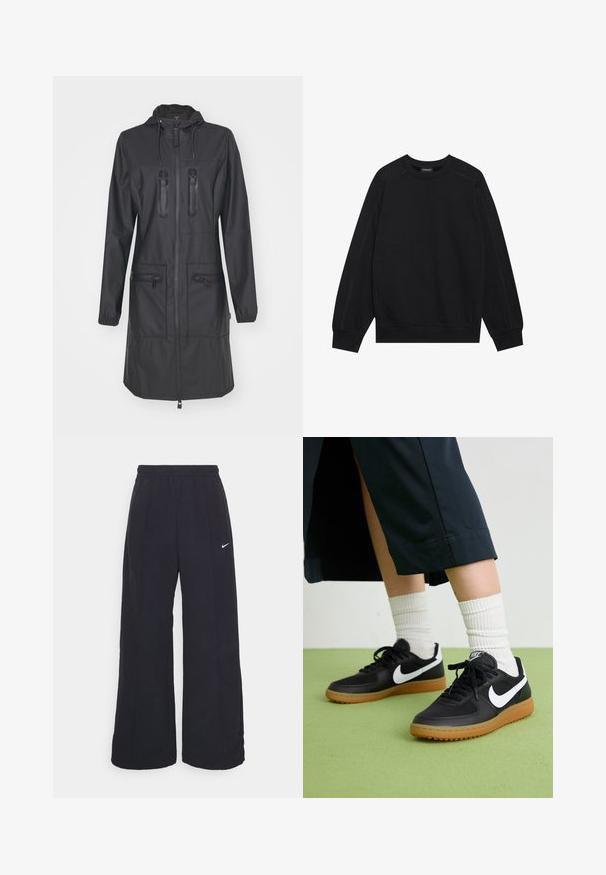 Rains - Kurtka przeciwdeszczowa; Czarna bluza z miękkiego materiału, z okrągłym dekoltem, rękawami raglanowymi i ściągaczami. Minimalistyczny design bez widocznych wzorów.; Czarne spodnie typu wide-leg z elastycznym pasem i małym białym logo Nike. Materiał ma gładką teksturę, zaprojektowany z myślą o komforcie i codziennym noszeniu.; Czarne skórzane i syntetyczne sneakersy z białym logo Nike, gumową podeszwą, okrągłym noskiem i czarnymi sznurowadłami. Widziane są ribbowane białe skarpetki.