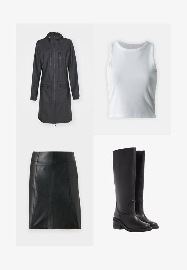 Rains Regenjacke / wasserabweisende Jacke - black; Weißes, geripptes Tanktop mit runder Ausschnittform und ärmellosem Design, ausgestattet mit einem geraden Saum und einer glatten, dehnbaren Textur.; Schwarzer Lederrock mit taillierter Passform. Glatte Textur, Nähte, die die Form betonen, und ein gerader Saum. Minimalistische und elegante Optik.; Schwarze Lederstiefel bis zum Knie mit glatter Textur, abgerundeter Spitze und klobigem Absatz. Mit dezenten Nähten und einem schlanken Design.
