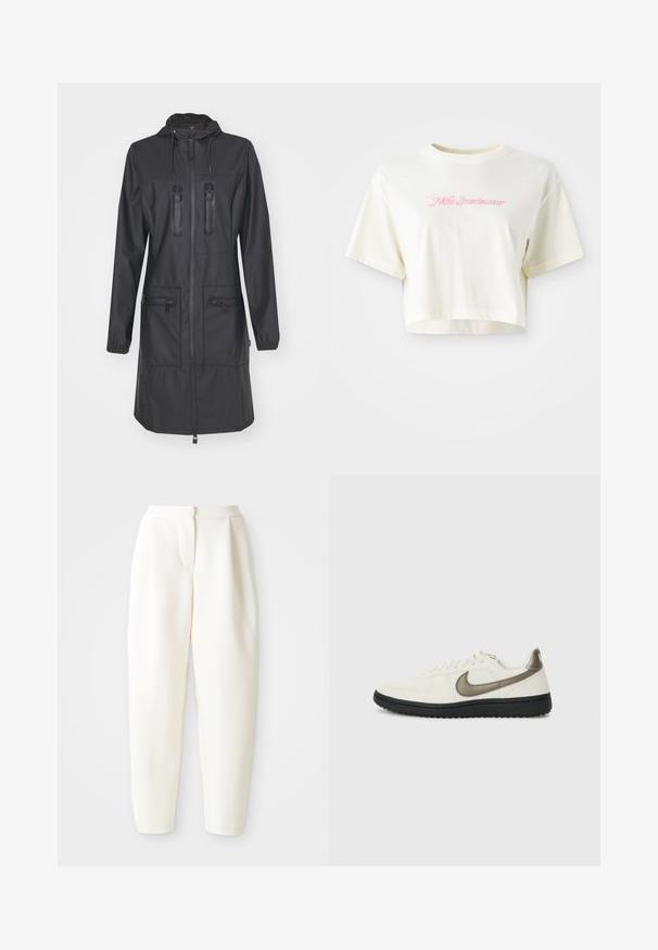Rains Veste imperméable - black; T-shirt cropped de couleur crème en coton. Présente un logo brodé rose avec l'inscription "Nike Sportwear". Manches courtes et encolure ronde.; Pantalons blancs taille haute cintrés avec une fermeture frontale dissimulée et des poches latérales, présentés sur un fond blanc uni.; Nike Sportswear FIELD GENERAL - Baskets basses - off-white/black
