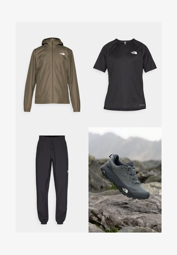 Olīvu zaļa viegla jaka ar priekšējiem rāvējslēdzējiem, regulējamu kapuci un elastīgām piedurknēm. Tam ir logo kreisajā augšējā krūtīs.; Melna sporta krekla īsām piedurknēm ar strukturētu audumu, kas ir ar baltu logotipu kreisajā krūtīs un taisnu apakšmalu.; Melni sporta bikses, kas izgatavotas no viegla auduma, ar savelcamu jostu, sānu kabatām un sašaurinātiem apakšējiem galiem pie potītēm.; Pelēki skrējēju apavi ar teksturētu virsu, izturīgu gumijas zoli un pastiprinātu pirkstu daļu. Iekļauj šņores un zīmola logo sānos.