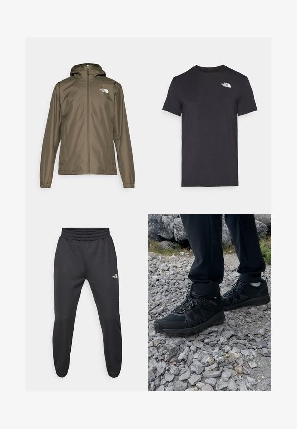 Chaqueta ligera de color verde oliva con cremallera frontal, capucha ajustable y puños elásticos. Presenta un logotipo en la parte superior izquierda del pecho.; Camiseta negra de manga corta hecha de tela suave con un pequeño logo blanco en la parte superior izquierda. Diseño clásico de cuello redondo con un ajuste regular.; Pantalones deportivos negros con cintura ajustable mediante cordón, corte tapered, puños elásticos y un pequeño logo blanco en el muslo izquierdo, fabricados en tejido suave.; Zapatos exteriores negros con malla y material sintético, que presentan un upper texturizado, un sistema de cordones seguro y una suela robusta, sobre terreno rocoso.