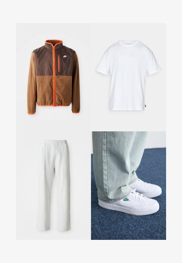 Casaco Nike com corpo de lã castanha e parte superior castanha escura, detalhes laranja, gola alta e um bolso com fecho no peito.; T-shirt de algodão branco com mangas curtas e decote redondo. Apresenta um pequeno e discreto logótipo da Nike no peito e uma etiqueta lateral.; Calças brancas casuais com um cós elástico e grandes bolsos frontais, exibidas sobre um fundo claro e liso.; Tênis de couro brancos com logo verde da Nike, bico redondo, sola plana, combinados com calças de denim azul claro, exibidos sobre um tapete azul.