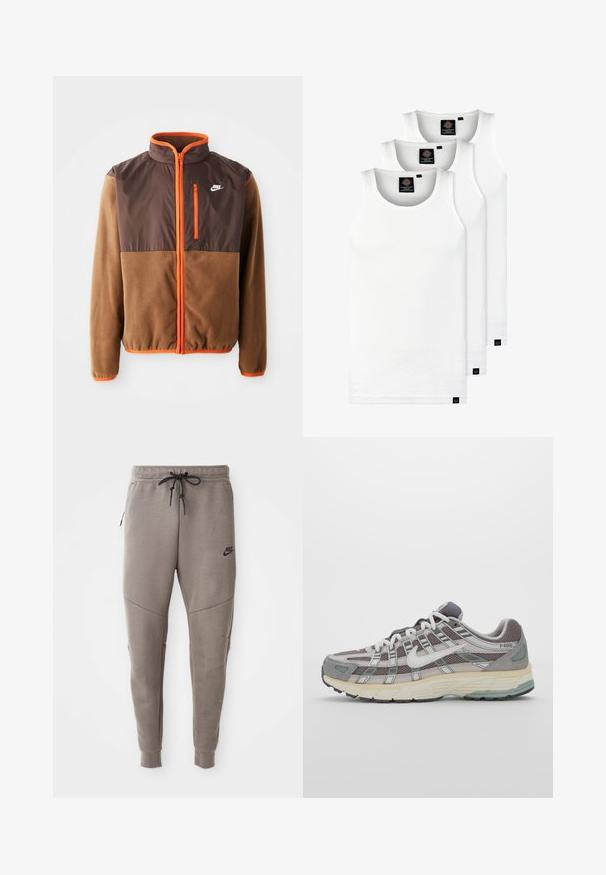 Nike bunda s hnědým fleecovým tělem a tmavě hnědou horní částí, oranžovými detaily, vysokým límcem a kapsou na zip na hrudi.; Tři bílé žebrované tílka vyrobené z bavlny. Mají kulatý výstřih a malé černé štítky poblíž lemu. Dostupné v několika velikostech.; Šedé Nike tepláky s elastickým pasem na šňůrku, zúženými nohavicemi, bočními kapsami a charakteristickým švem. Měkká, strukturovaná tkanina.; Šedá sportovní obuv s vrchní částí z mikrovlákna a semiše, bílými akcenty, polstrovanou podrážkou a jedinečným designem s reflexními prvky.