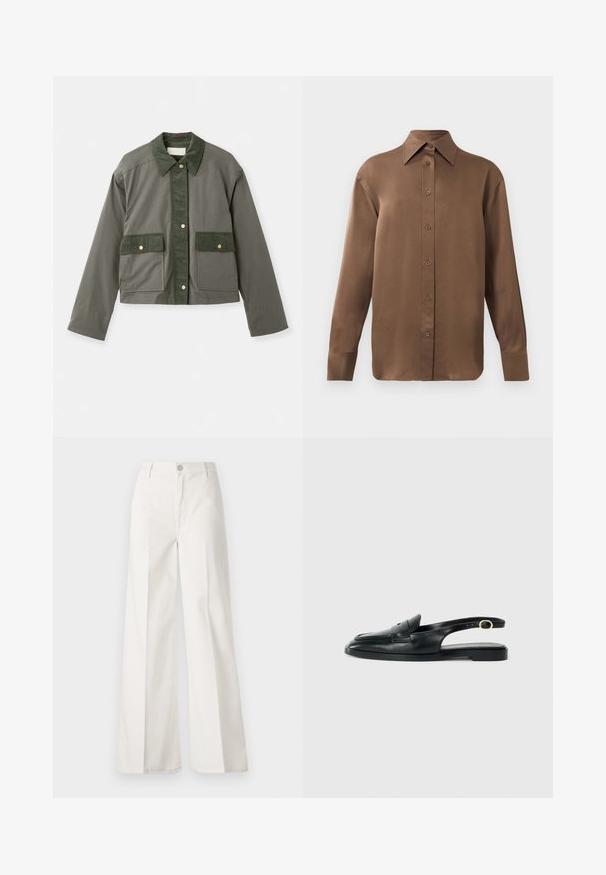 Vanessa Bruno ENGIE - Tunn jacka - olive; Brun långärmad skjorta med knäppning, spettdetalj på kragen och manschetterna, uppvisad mot en vit bakgrund.; Vita vida-byxor gjorda av bomull med en slät textur. Har en framknapp, gylf med dragkedja och fyra fickor.; Svart läder slingback-sko med rund tå, platt sula, sidokut och rem med guldfärgad detaljer.