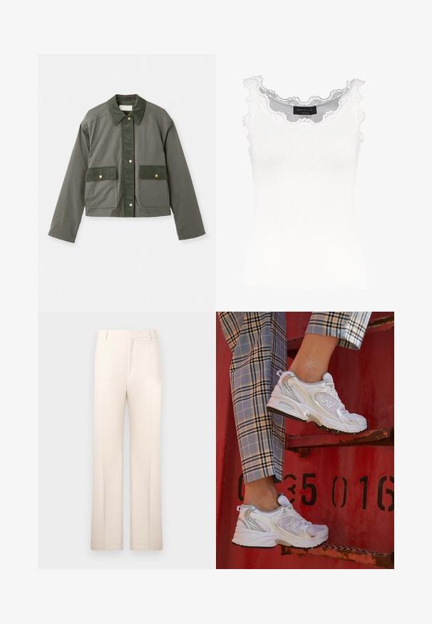 Vanessa Bruno ENGIE - Casaco de verão - olive; Camisola branca de alças com detalhe de renda na gola e nas mangas. Apresenta uma textura suave e um formato ajustado. Etiqueta da marca visível no interior.; Calças bege ajustadas com um design de perna reta, feitas de um tecido leve. Apresenta pregas frontais e uma cintura clássica.; Sapatilhas brancas em malha com detalhes em prata e uma sola texturizada, posicionadas sobre uma superfície vermelha, combinadas com calças à quadrados.