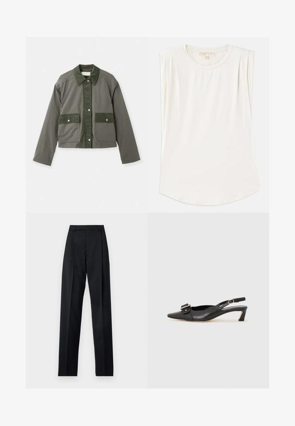 Vanessa Bruno ENGIE - Summer jacket - olive; White sleeveless top made of smooth fabric, featuring a round neck and subtle pleats on the shoulders, with a curved hemline.; Black trousers made from smooth fabric featuring a high waist, wide legs, front pleats, and classic belt loops. No side pockets visible.; Black leather slingback shoe with pointed toe, small heel, and decorative buckle detail on the upper. Smooth texture, minimalistic design.