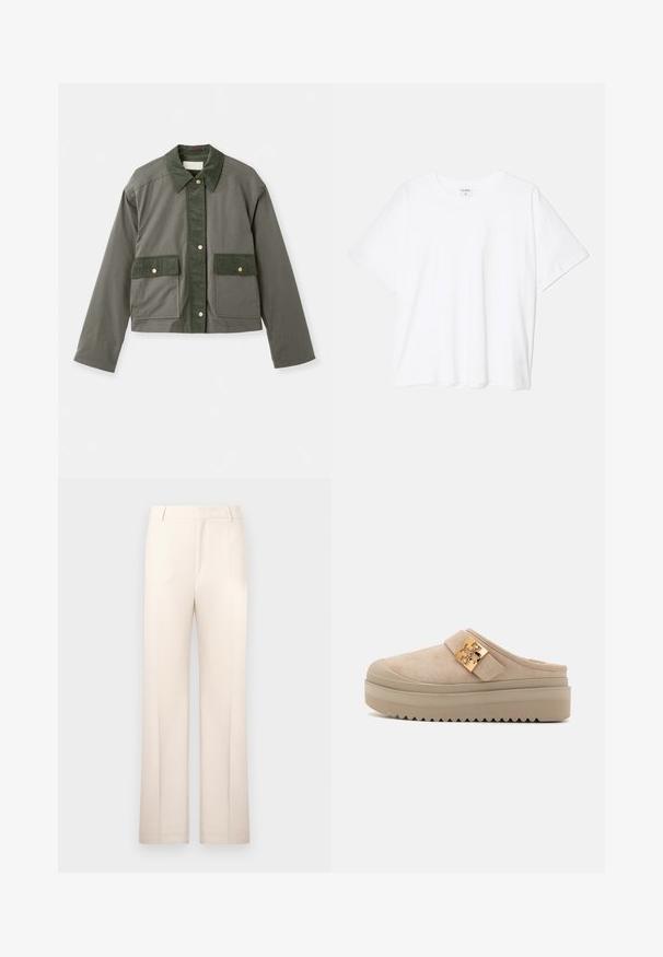 Vanessa Bruno ENGIE - Suvejakk - olive; Valge puuvillane T-särk lühikeste varrukatega, ümmargune kaelus, mugav lõige ja õmmeldud serv. Silt nähtav kaela seest.; Kreemjad, sirge lõikega püksid, valmistatud kergest kangast. Omavad eesplekke ja klassikalist vööd.; Beežid suédist platvormsussid paksu tekstuuriga tallaga, millel on silmapaistev kuldne metalline aktsent reguleeritaval rihmal.