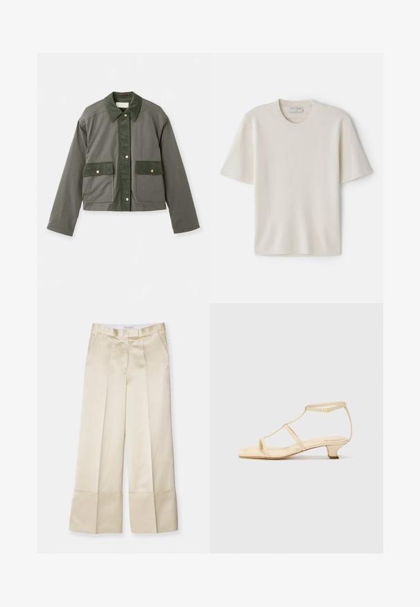 Vanessa Bruno ENGIE - Summer jacket - olive; Cream short-sleeve t-shirt with a round neckline, made from soft material, featuring a straight cut and minimal detailing.; Beige wide-leg trousers in smooth fabric with a high waistband, pleated front, and folded hem, featuring side pockets and a clean finish.; Beige heeled sandals with a T-strap design, square toe, adjustable ankle strap, and a low, block heel. Smooth leather material.