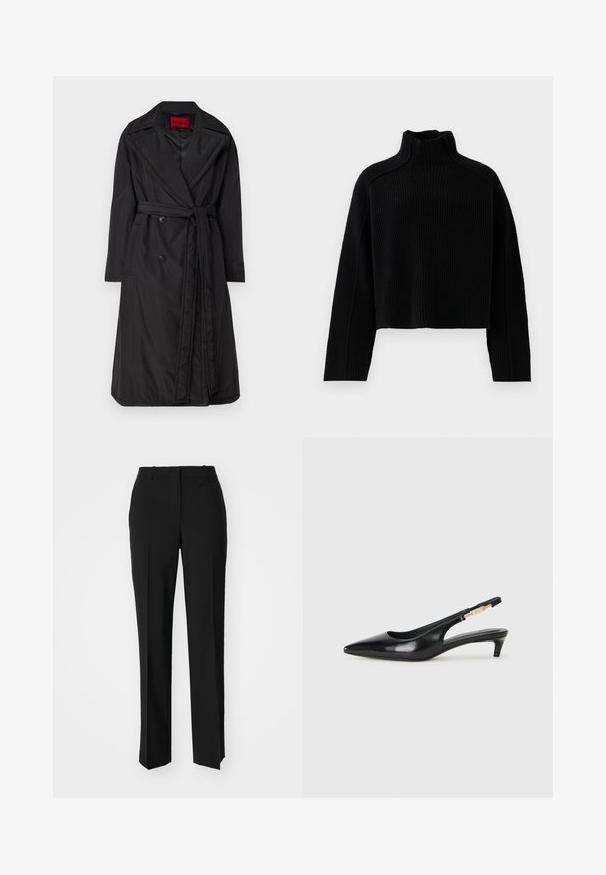Melnā garā mētelī ar jostu, izgatavots no mirdzoša, viegla auduma. Iekļauj lielus pogas un izgriezto apkakli. Marķēts ar "HUGO" sarkanā krāsā.; Melna ribota adīta džemperis ar augstu kaklu un īsu dizainu, ar garām piedurknēm un teksturētu apdari.; Melnas pielāgotas bikses ar taisnu kāju dizainu, kas raksturojas ar gludu faktūru un asiem krokām pa priekšu. Nav redzamu metāla detaļu.; Melnas ādas slingback zābaki ar smailu purngalu, ar šauru papēdi un zelta krāsas akcentu uz regulējama siksniņas. Gluda tekstūra.