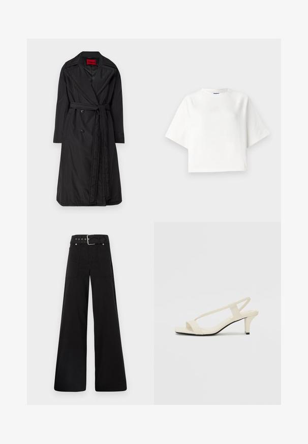 Gabardina negra con cinturón, hecha de un tejido brillante y liviano. Presenta botones grandes y un cuello con muesca. Etiquetada "HUGO" en rojo.; Camiseta blanca de gran tamaño con mangas raglán cortas, hecha de una tela suave. Presenta un logotipo sutil en el pecho y un escote redondo.; Pantalones de pierna ancha negros, hechos de algodón, con cintura alta, grandes bolsillos laterales y una cintura ceñida con un cinturón que presenta acentos de metal plateado.; Sandalias de tacón cuadrado en color beige con tiras delgadas y punta cuadrada. Material suave con un diseño minimalista, diseñado para facilitar su uso.