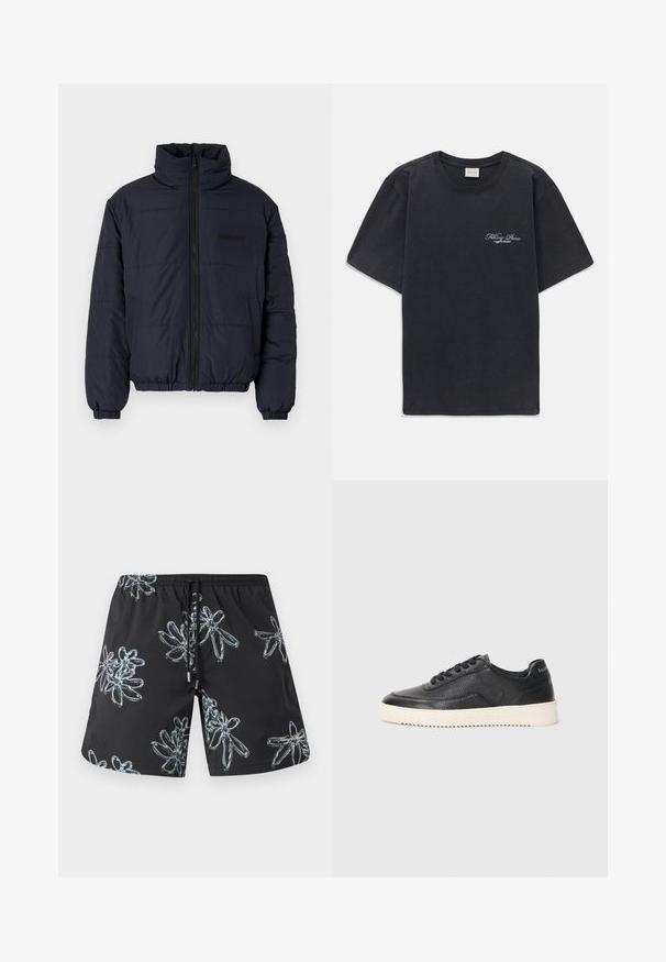 Black padded jacket with a high collar, front zipper, elastic cuffs, and banded hem. Features a textured finish with horizontal seams.; Black short-sleeve crew neck t-shirt with small white "Filling Pieces" text logo on the left chest.; Black swim shorts featuring a glossy floral pattern in light grey. Elastic waistband with drawstring and logo detail on the lower right side.; Black leather sneaker with textured finish, round toe, and flat white rubber sole. Features black laces and branding on the heel.