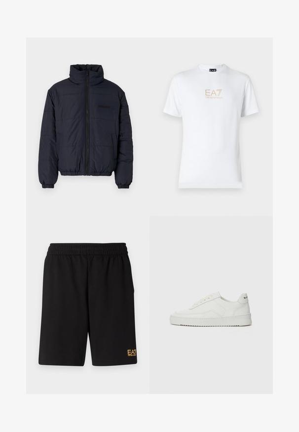 Čierna vypchaná bunda s vysokým golierom, predným zipsom, elastickými manžetami a páskovým lemom. Má textúrovaný povrch s horizontálnymi švami.; Biela bavlnená tričko s okrúhlym výstrihom a krátkymi rukávmi, na prednej strane s potlačou zlatého loga EA7 Emporio Armani.; Čierne športové šortky vyrobené z jemného materiálu, s elastickým pásom a malým žltým logom EA7 na dolnej ľavej nohe.; Biele kožené tenisky s hladkým povrchom, okrúly špičkový dizajn, ploché šnúrky a textúrovaná podrážka. Obsahujú jemné logo na päte.