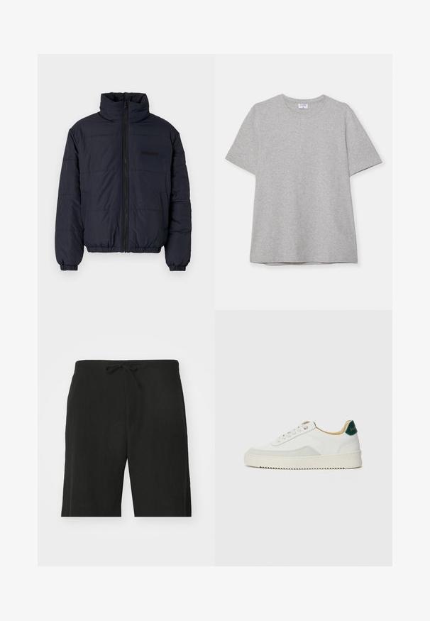 Melnā polsterētā jaka ar augstu apkakli, priekšējo rāvējslēdzēju, elastīgām piedurknēm un apdari apakšmalā. Iezīmējas ar faktūrētu virsmu un horizontāliem šuvēm.; Pelēks īsā piedurkņu T-krekls, kas izgatavots no mīkstas, teksturētas auduma. Tam ir klasiskā apļa kakla izgriezums un taisna apakšmalā, piemērots ikdienas valkāšanai.; Melni linu šorti ar auklu jostasvietā, ar brīvu piegriezumu un līdz ceļiem garumu. Gluda tekstūra, vienkāršs un klasiskas stila.; Baltas sneakers ar zamša akcentiem, noapaļota purngala, plakaniem auklām un krēmkrāsas gumijas zoli. Ar zaļu zīmolu uz papēža.