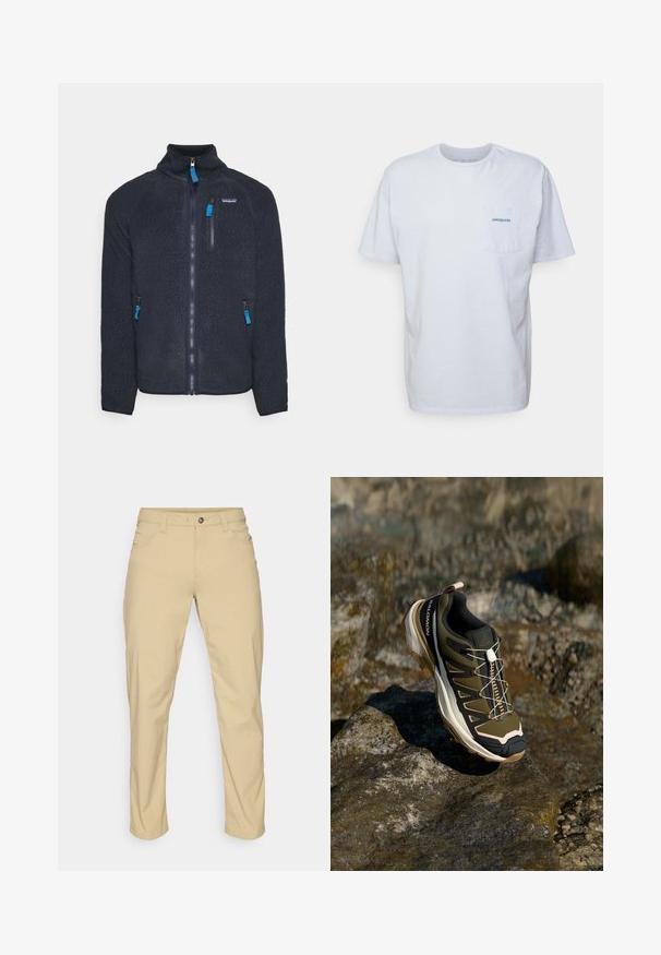 Granatowa polarowa kurtka z wysokim kołnierzem, zamkiem z przodu i dwoma bocznymi kieszeniami. Posiada niebieskie zamki i małe logo na klatce piersiowej. Miękka tekstura.; Biała bawełniana koszulka z krótkim rękawem, okrągłym dekoltem i kieszonką na lewej piersi z niebieskim logo "Patagonia". Klasyczny krój o gładkiej fakturze.; Patagonia QUANDARY jasny brąz; Buty trekkingowe w oliwkowym zielonym i czarnym kolorze z różowymi akcentami. Posiadają teksturowaną górę, elastyczną podeszwę, wzmocniony czubek oraz kolorowy system sznurowania.