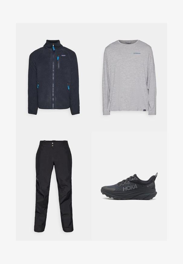 Mornarska flis jakna s visokim ovratnikom, patentnim zatvaračem s prednje strane i dva bočna džepa. Ima plave patentne zatvarače i mali logo na prsima. Mekana textura.; Svijetlosivi dugi rukav majica od mekanog, teksturiranog materijala. Ima okrugli izrez i mali plavi Patagonia logo na prsima.; Crne vodootporne hlače s glatkom teksturom, s dva prednja dugmeta i dizajnom suženih nogavica. Istaknute logotipom sa strane.; Crna Hoka trkaća cipela s mrežastim gornjim dijelom, teksturiranim detaljima i debelim, uloškom s pupoljcima s taperiranim rubovima za poboljšanu podršku.